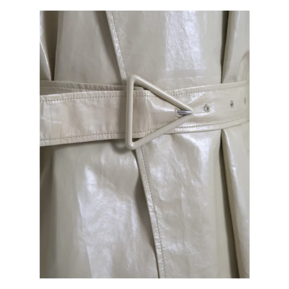Beżowa Kurtka Trench Coat Skórzana