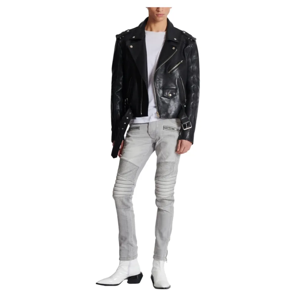 Biker Jeans w szarym pikowanym denimu