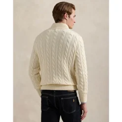 Sweter z dzianiny kablowej zapinany na pół zamek